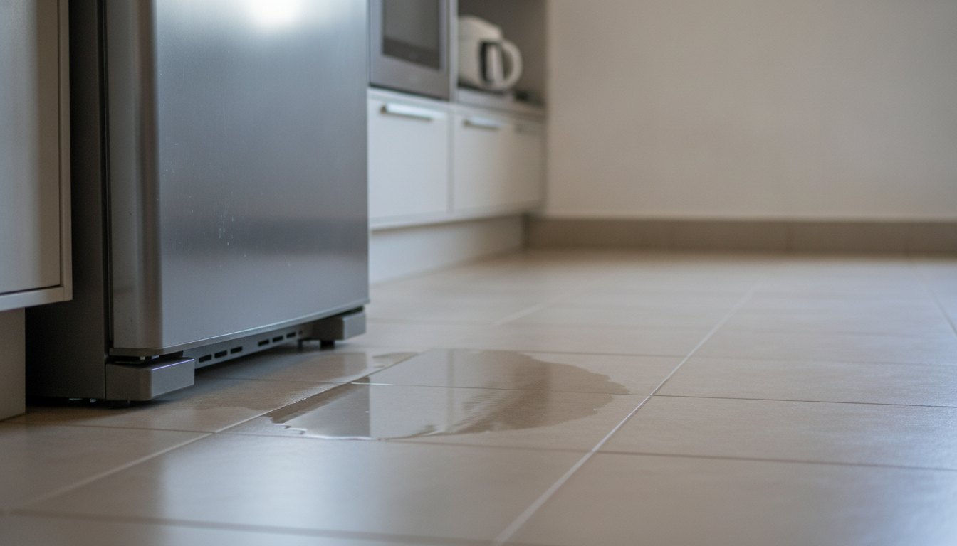 Água acumulada no piso da cozinha perto da base de uma geladeira de aço inox