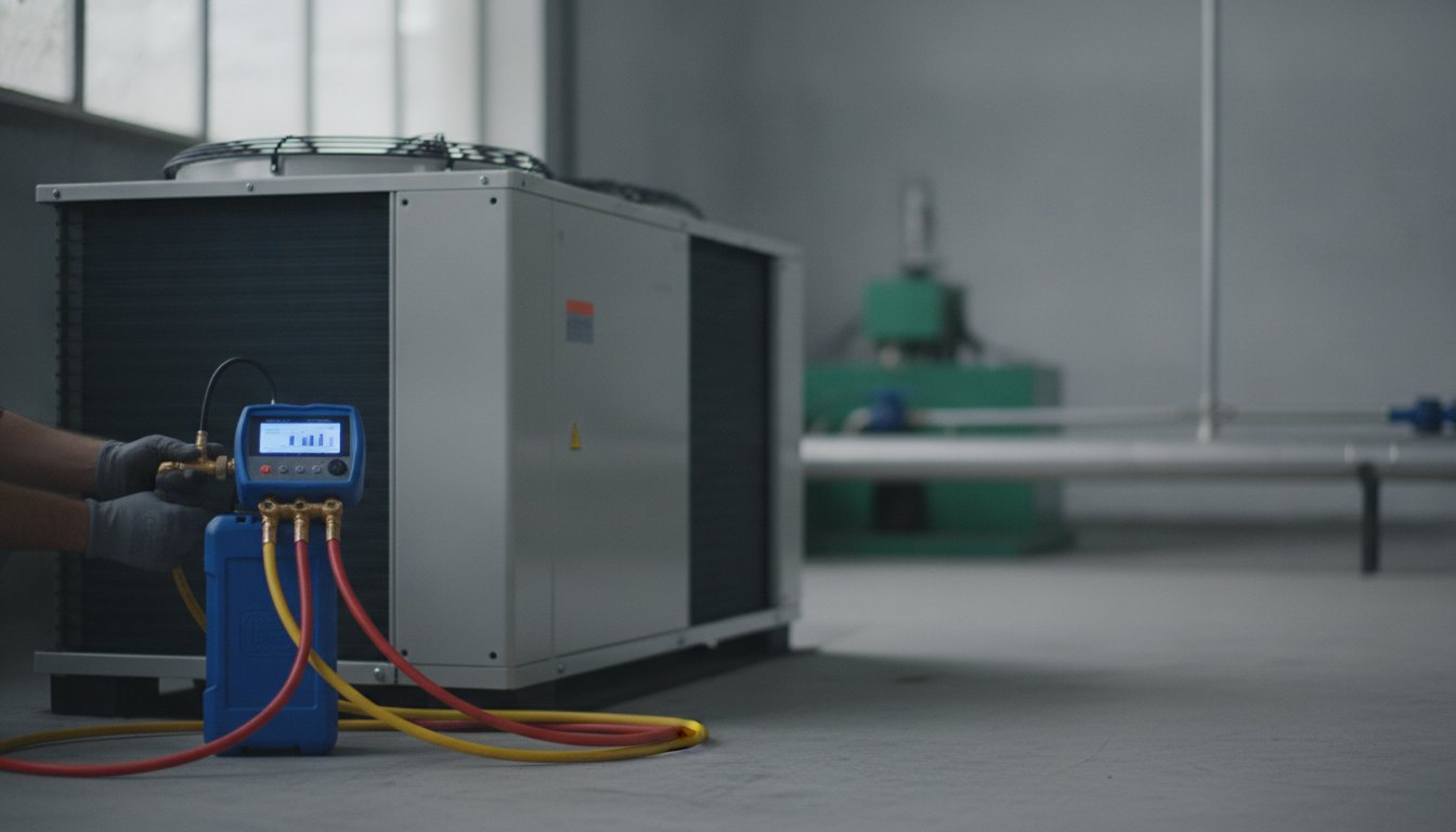 Técnico utilizando um manômetro digital para medir a pressão do fluido em um equipamento condensador.