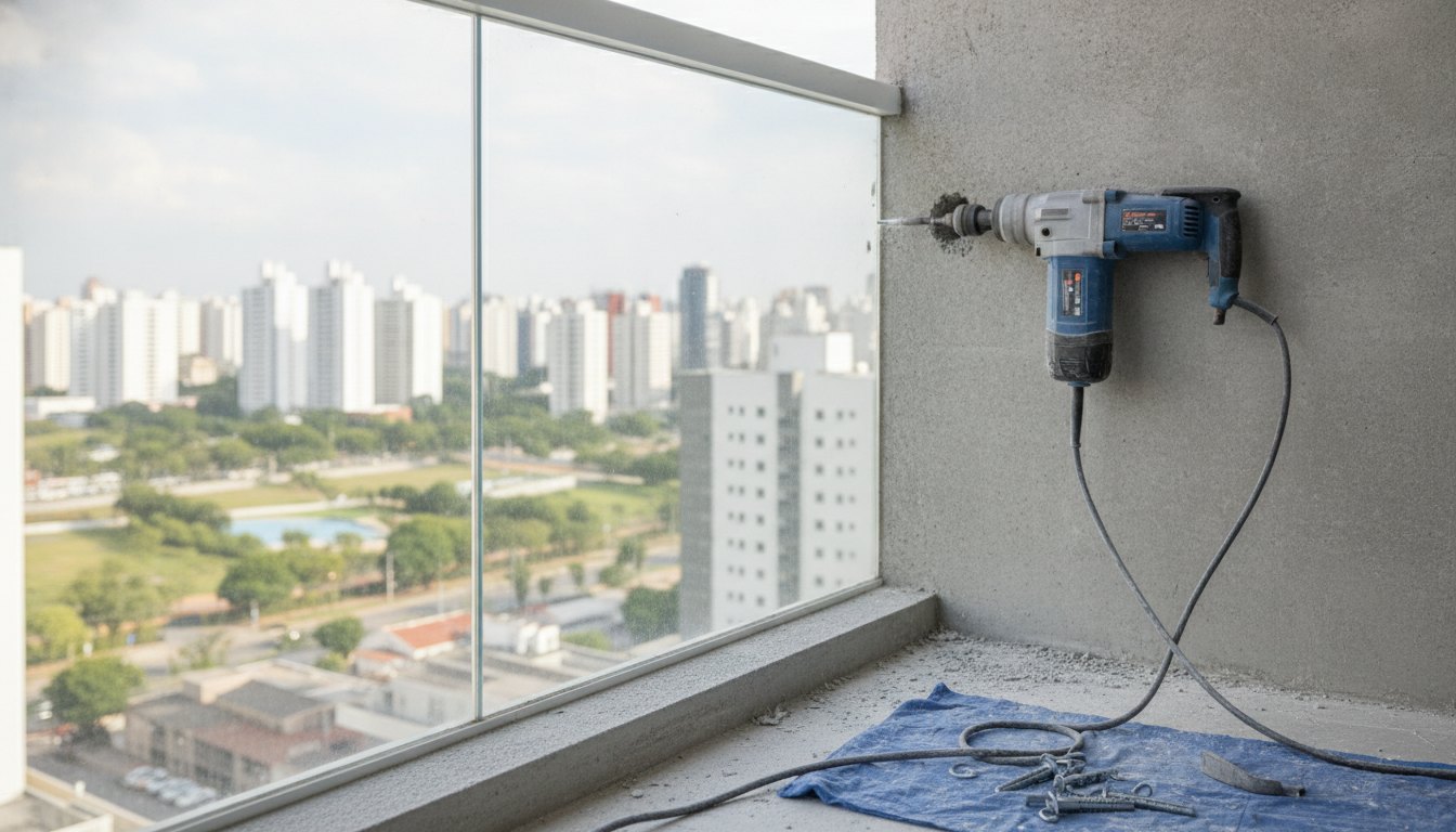 Técnico furando a parede próxima ao trilho de vidro de uma sacada para instalar ganchos.