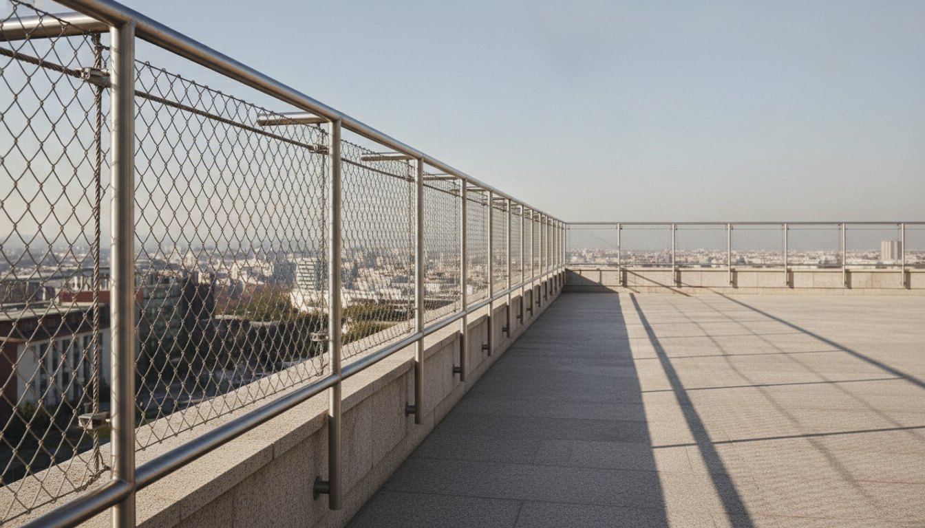 Estrutura metálica com fios de segurança fixada no parapeito de um terraço ensolarado.