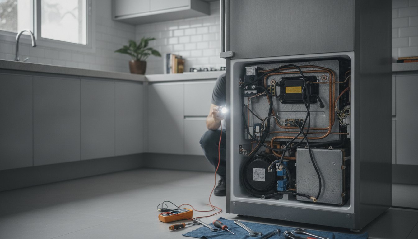 Técnico inspecionando a parte traseira de uma geladeira com ferramentas em uma cozinha residencial.