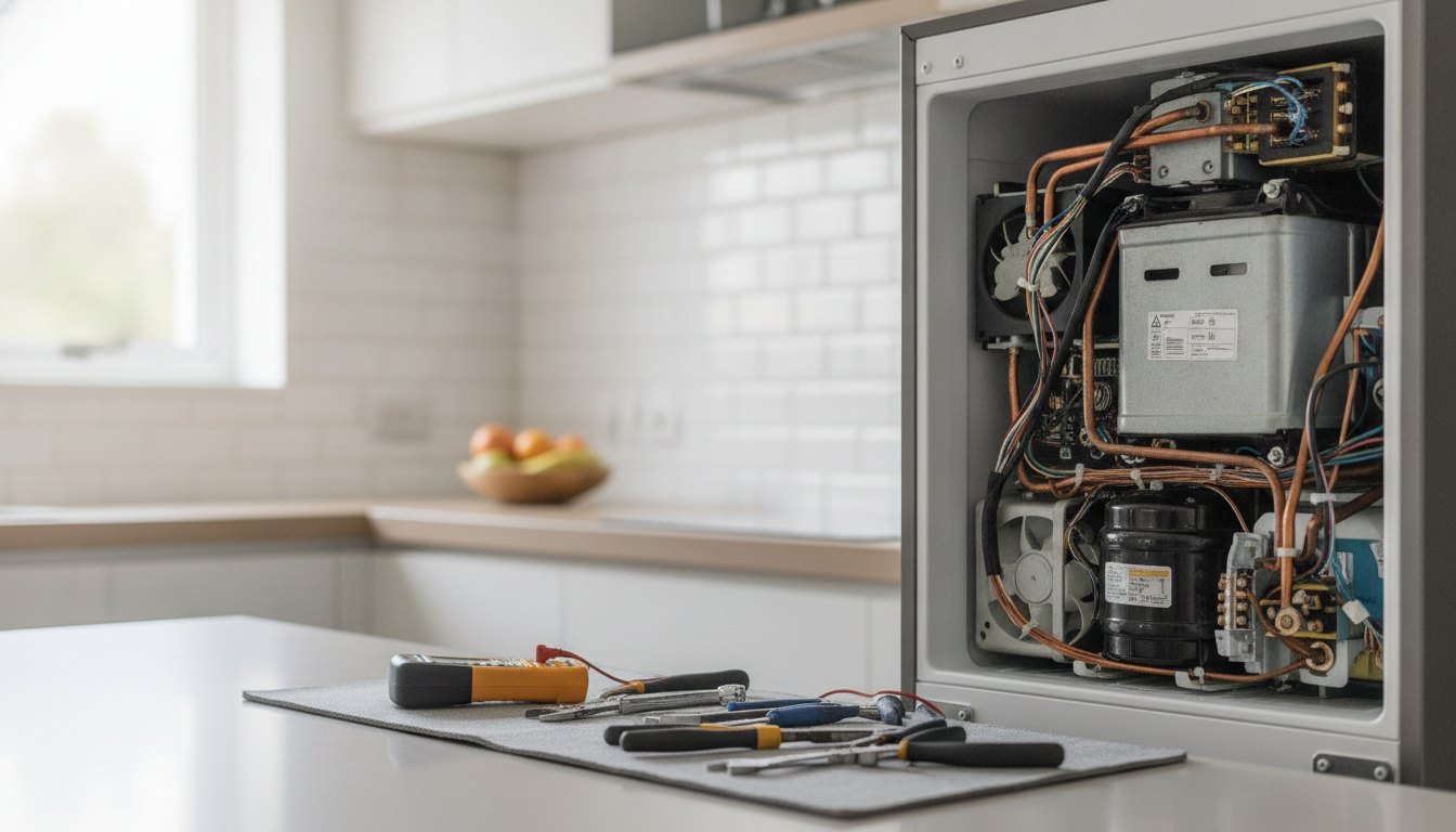 Técnico inspecionando o motor de uma geladeira com ferramentas em uma cozinha