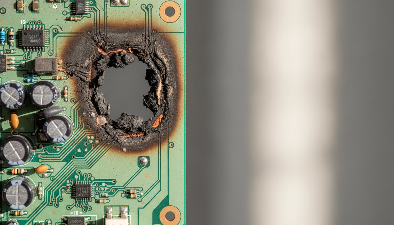 Placa eletrônica de eletrodoméstico com marcas de queimado próximo a capacitores e trilhas de cobre.