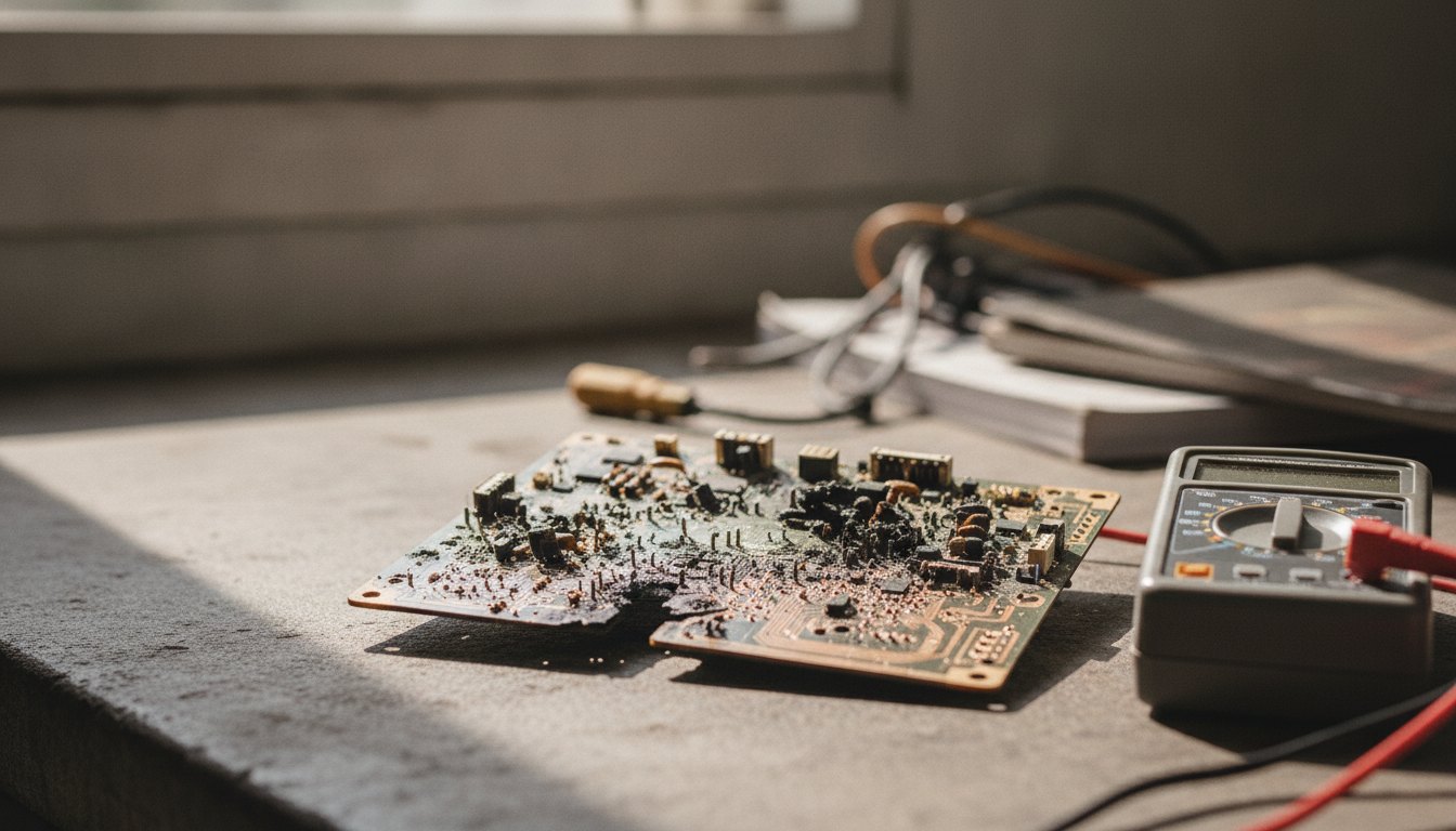 Placa de circuito impresso com componentes chamuscados e trilhas rompidas próxima a um multímetro digital.