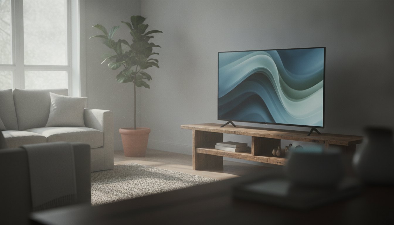 televisão ligada em uma sala de estar com luz natural entrando pela janela