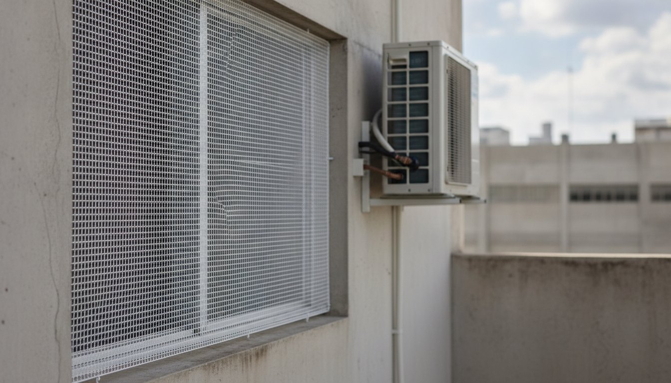 Trama de proteção fixada em janela de área técnica com condensadora de ar-condicionado ao lado