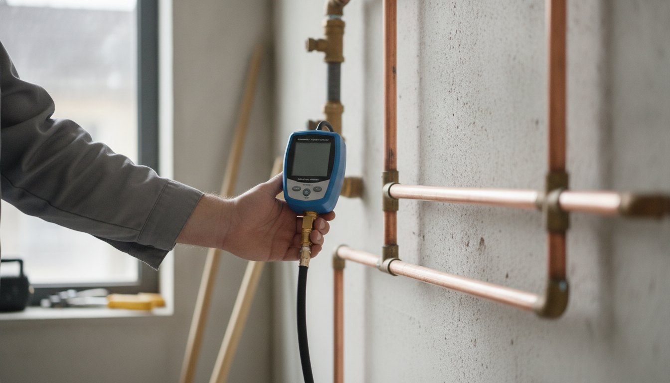 Técnico utilizando um manômetro digital conectado a uma tubulação de cobre na parede