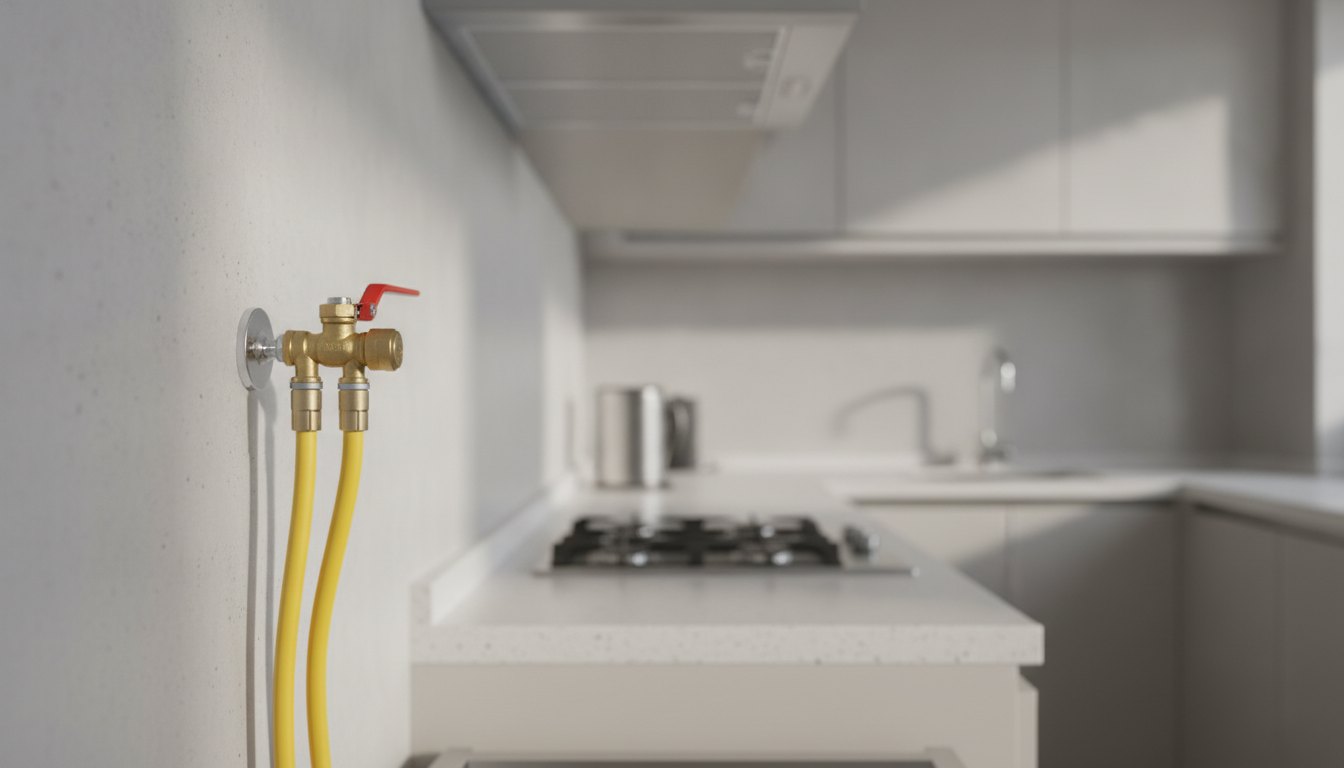 Tubos metálicos e flexíveis amarelos conectados a um registro na parede de uma cozinha.