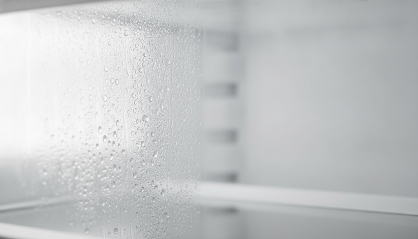 Gotículas de água acumuladas na parede de plástico no interior de uma geladeira branca.