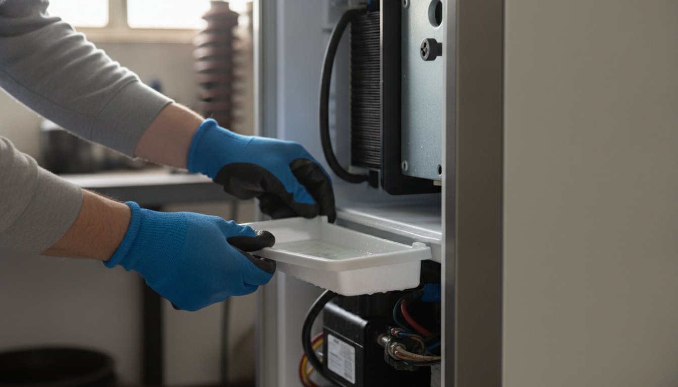 Técnico com luvas inspecionando a bandeja coletora de água na parte inferior traseira de uma geladeira.